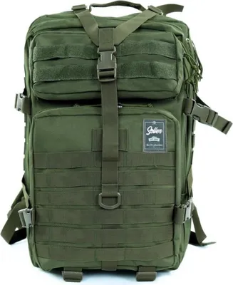 A green tactical backpack is shown against a white background.
