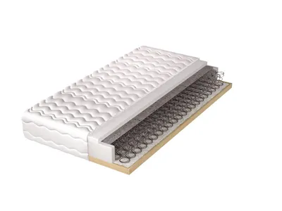 A cross-section view of a mattress on a wooden frame.