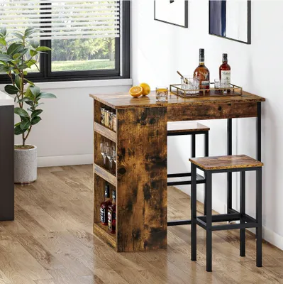 Produktbild von YITAHOME Essgruppe Tischgruppe für 2 Personen mit 1 Esstisch & 2 Stühle Küchentisch, mit Stauraum & 2 Hockern, Braun