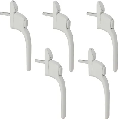A set of five white window handles with push buttons, arranged in a grid on a white background.