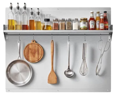 Image de Panneau mural de cuisine VEVOR, 76 x 61 cm, en acier inoxydable, protection murale pour cuisinière et hotte aspirante, avec étagère, crochets et trous pré-percés. Dosseret de cuisine robuste pour cuisiner et ranger facilement