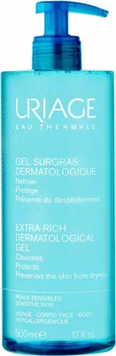 A bottle of Uriage Extra-Rich Dermatological Gel with a pump dispenser.