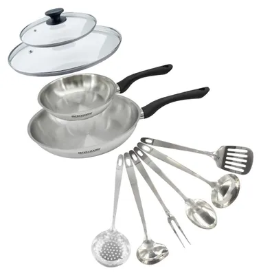 Produktbild von Set bestehend aus 2 Pfannen (20 und 28 cm Durchmesser), einem Glasdeckel und 6 Edelstahl-Küchenhelfern der Marke Fackelmann Geneva