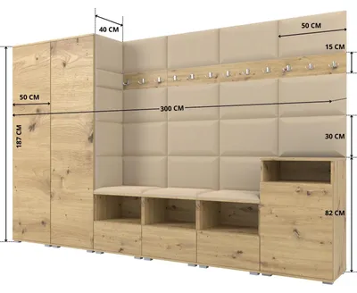Productafbeelding van Garderobe NELA XII, 300 cm, modulaire entreekast, uitvoering: artisan eikenhout met zitkussen, kleur: beige 04 (gigantische set)