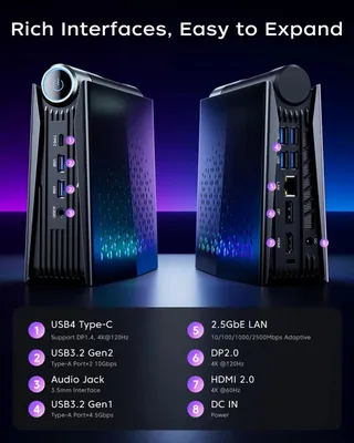 Image de Mini-PC gaming - S3A Ryzen 7 H255 - 32 Go de RAM LPDDR5 - SSD M.2 PCIe de 1 To - Radeon 780M - WiFi 6E BT5.2 - LAN 2,5 Gbit/s - Windows 11 Pro