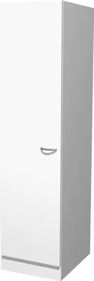 A white cabinet with a gray handle and a gray trim at the bottom.