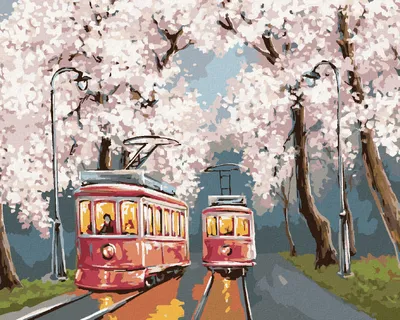 Produktbild von Zuty - Malen nach Zahlen - STRASSENBAHNEN UNTER DEN KIRSCHBLÜTEN, 40x50 cm, mit Keilrahmen (bereits gespannt)