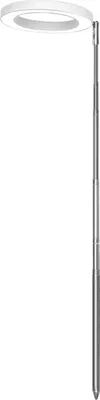A white ring light with a silver telescopic pole against a white background.
