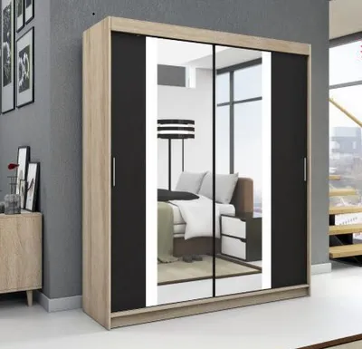 Produktbild von Schwebetürenschrank, 2-türig Schrank! Moderne Garderobe für Kleidung. Verschiedene Farben (Weiß, Schwarz, Somona) Kleiderschrank BRUNI 160 cm