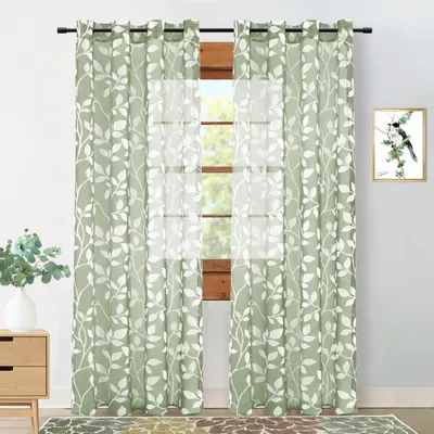 Immagine prodotto di 2 tende verde salvia semitrasparenti in voile con motivo a foglie, con occhielli, per soggiorno e camera da letto, L 140 x A 245 cm