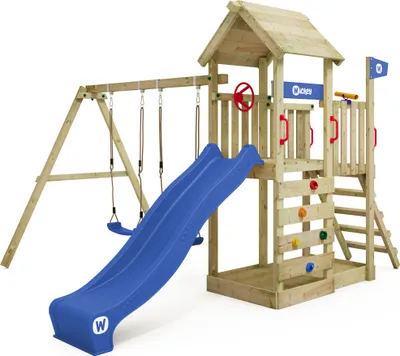 Image de Tour de jeux WICKEY MultiFlyer avec toit en bois, balançoire et toboggan, tour d'escalade avec toit en bois, bac à sable, échelle et cuisine de boue  - bleu