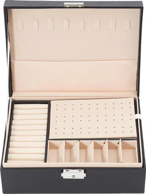 Produktbild von Schmuckkästchen - Schmuckbox - 2 Ebenen - Mit Schloss - Große Kapazität - Staubdicht - Ohrringfächer - 23×17×9 cm - Schwarz