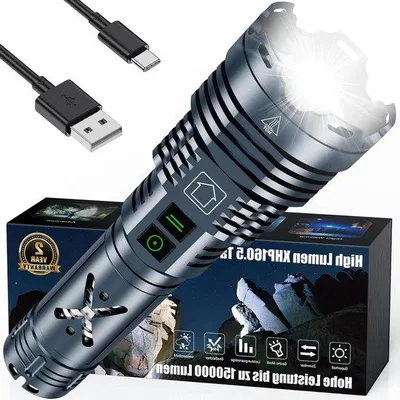 Zdjęcie produktu dla Latarka USB o ekstremalnej jasności 150 000 lumenów – 6 trybów świecenia – wodoodporna (IP67) – na wypadek awarii – szara