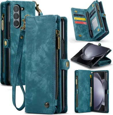 Produktbild von Hülle für Samsung Galaxy Z Fold 5 Vintage Multifunktions Lederhülle, Kartenfächer, Reißverschluss Schutzhülle Blau