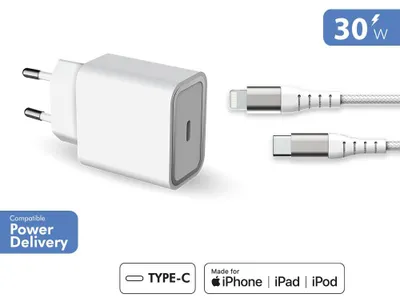 Immagine prodotto di Force Power, alimentatore da 30W Power Delivery + cavo USB-C / Lightning, bianco