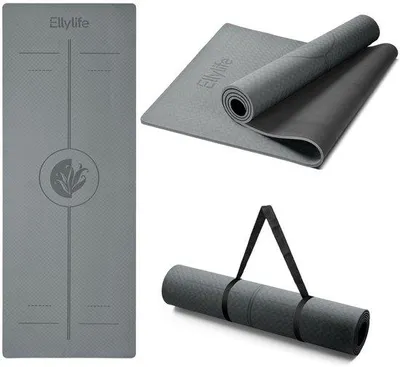 Produktbild von Ellylife Yogamatte, extra dick, 6 mm dick, 190 × 68 cm, rutschfest, aus Naturkautschuk und TPE, mit Trageband, für Yoga