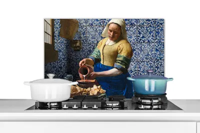 Produktbild von KitchenYeah®  Spritzschutz Küche - Küchenrückwand - Wandschutz für Herd und Spüle - Milchmädchen - Delfter Blau - Vermeer - Gemälde - Alte Meister 70x50 - Alu-Dibond (Alternative zum Spritzschutz aus