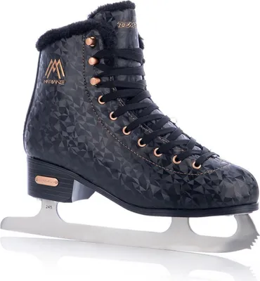 A single black ice skate with a geometric pattern and gold accents is shown against a white background.