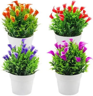 Image de Unyqoos® : Lot de 4 fleurs artificielles colorées en pot – 18 cm, épaisseur du fond du pot : 6,5 cm, faciles d'entretien, résistantes aux UV, pour intérieur et extérieur, en plastique