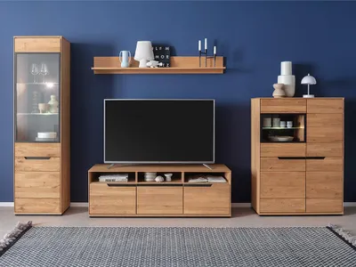 Produktbild von Wohnwand in Eiche teilmassiv mit Vitrine, Highboard, Lowboard & LED-Beleuchtung, 4-teilig - AVESTA-06
