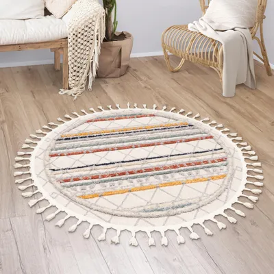 Immagine prodotto di Tappeto soggiorno a pelo corto Boho Moderno Etnico Scandinavo Geometrico Con frange Dimensioni 120 cm Rotondo