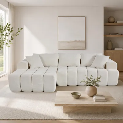Immagine prodotto di Divano angolare modulare MODFU, divano letto moderno, divano relax a forma di L con chaise longue, grande divano a 3 posti per soggiorno, bianco