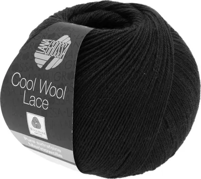 A ball of black wool yarn with a label.