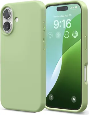 A light green phone case is shown next to an iPhone displaying the time and date.