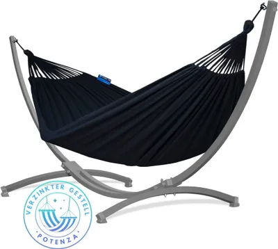 Produktbild von Potenza Outdoor Hängematte mit Verzinkter Gestell für 2 Personen I Baumwolle Doppelhängematte XXL 220x160, 200kg I Grau Hängemattengestell 220kg, wetterfest