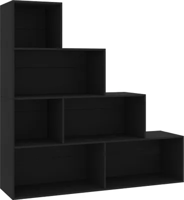 A black stepped shelving unit against a white background.