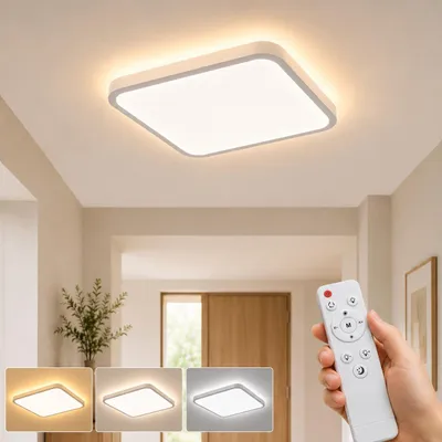 Image de Plafonnier LED 24W avec veilleuse, 3200 lumens, lumière ambrée 1800K, plafonnier plat, variateur d'intensité, 29 cm, minuterie avec mémoire, télécommande, idéal pour chambre à coucher, design carré, Image générée par une IA