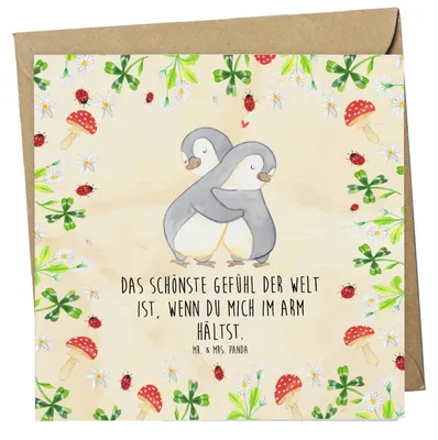 Produktbild von Mr. & Mrs. Panda faltkarte Pinguine Kuscheln - Naturpapier - Geschenk, Glückwunschkarte, für Freundin, doppelkarte, Grußkarte, Frauen, anlasskarte, Hochzeitstag, Partner