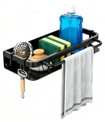 Spülenorganizer aus Edelstahl, schwarz, mit Abtropfschale und Handtuchhalter