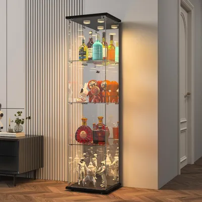 Produktbild von Glasvitrine Standvitrine mit LED Spiegelrückwand abschließbar 4 Glasböden 164x42x36 cm Schwarz
