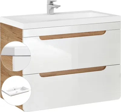 Produktbild von Waschtischunterschrank 81 cm mit Keramik-Waschtisch LUTON-56 Hochglanz weiß mit Wotan Eiche Nb. B/H/T ca. 81/63/46 cm