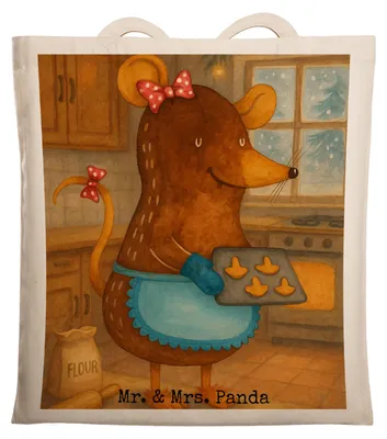 Produktbild von Mr. & Mrs. Panda Schultasche Maus Kekse Design - Weiß - Geschenk, Winter, totebag, Weihnachten, dokumententasche, Backen, Plätzchen, Jutebeutel, Tasche, Beutel