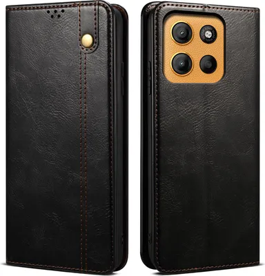 A black leather wallet-style phone case for a Motorola Moto G15 is shown from the front and back.