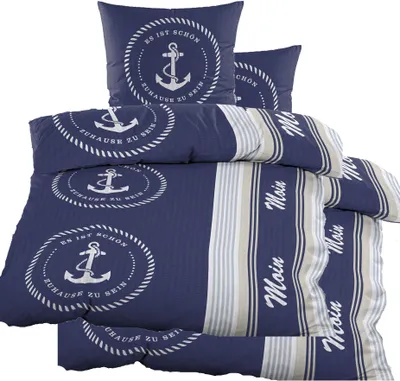 Produktbild von Doppel Pack Seersucker Bettwäsche 2x (135x200 +80x80cm), blau weiß, maritim, Anker, bügelfrei