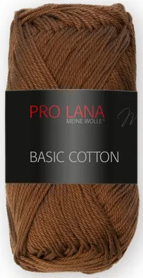 A ball of brown yarn with a black label.