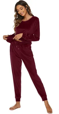 Productafbeelding van Dames fluwelen huispak tweedelig met pullover en broek, wijnrood, maat M