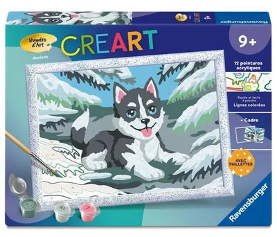 Produktbild von Ravensburger – CreArt Kids 18x24cm – Malen nach Zahlen – Schneehuski – Malen-nach-Zahlen-Set – Ab 7 Jahren – 12023226