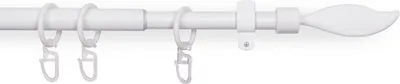 A white curtain rod with rings and a decorative finial, shown against a white background.