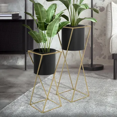 Obrázek produktu pro ML-Design stojan na květiny s květináčem, sada 2 kusů, černá/zlatá, z oceli