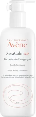 A white bottle of Avène XeraCalm A.D. cleansing oil with a pump dispenser, set against a plain white background.