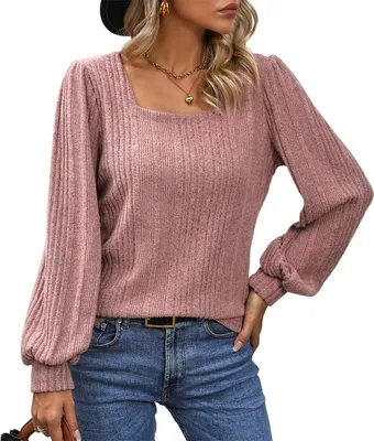 Produktbild von ASKSA Damen Langarmshirt Square Neck Casual Elegant T-Shirts Basic Einfarbig Bluse Oberteile, Rosa, S