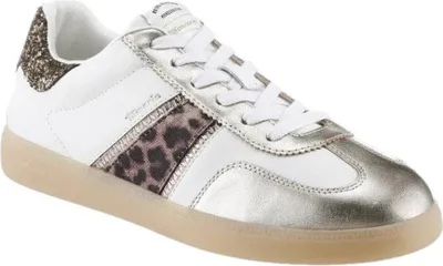 A single white and silver sneaker with leopard print accents.