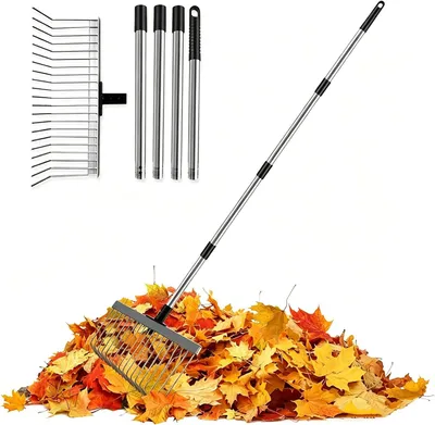 Produktbild von Laubharke 40 cm, 21 Zähne, Edelstahlstiel 160 cm, für Garten