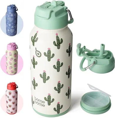 Produktbild von Isolerter Wasserflasche 1L mit Grasstiel – Sportflasche mit Medikamentenschublade, BPA-frei, doppelwandig.