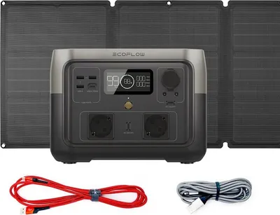 Produktbild von EcoFlow River 2 Max-Set Powerstation inkl. Solarpanel 110W, USB-Schnellladekabel für Smartphones