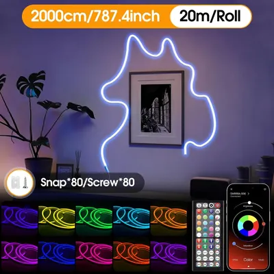 Immagine prodotto di Tubo LED neon RGB – Controllo tramite app/telecomando – 20 metri – Impermeabile – Sincronizzazione musicale – Tagliabile – 24 V
